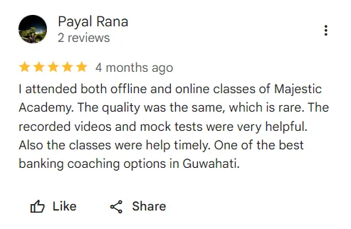 Five-star student testimonial praising the qualified teachers and exam-oriented approach at Majestic Academy.